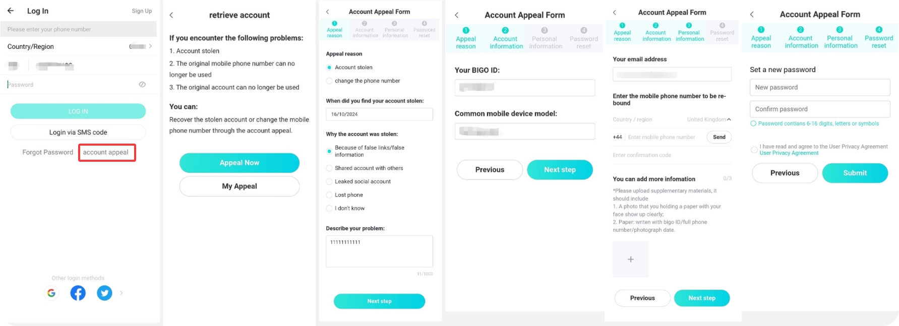 BIGO LIVE 帐号申诉入口画面